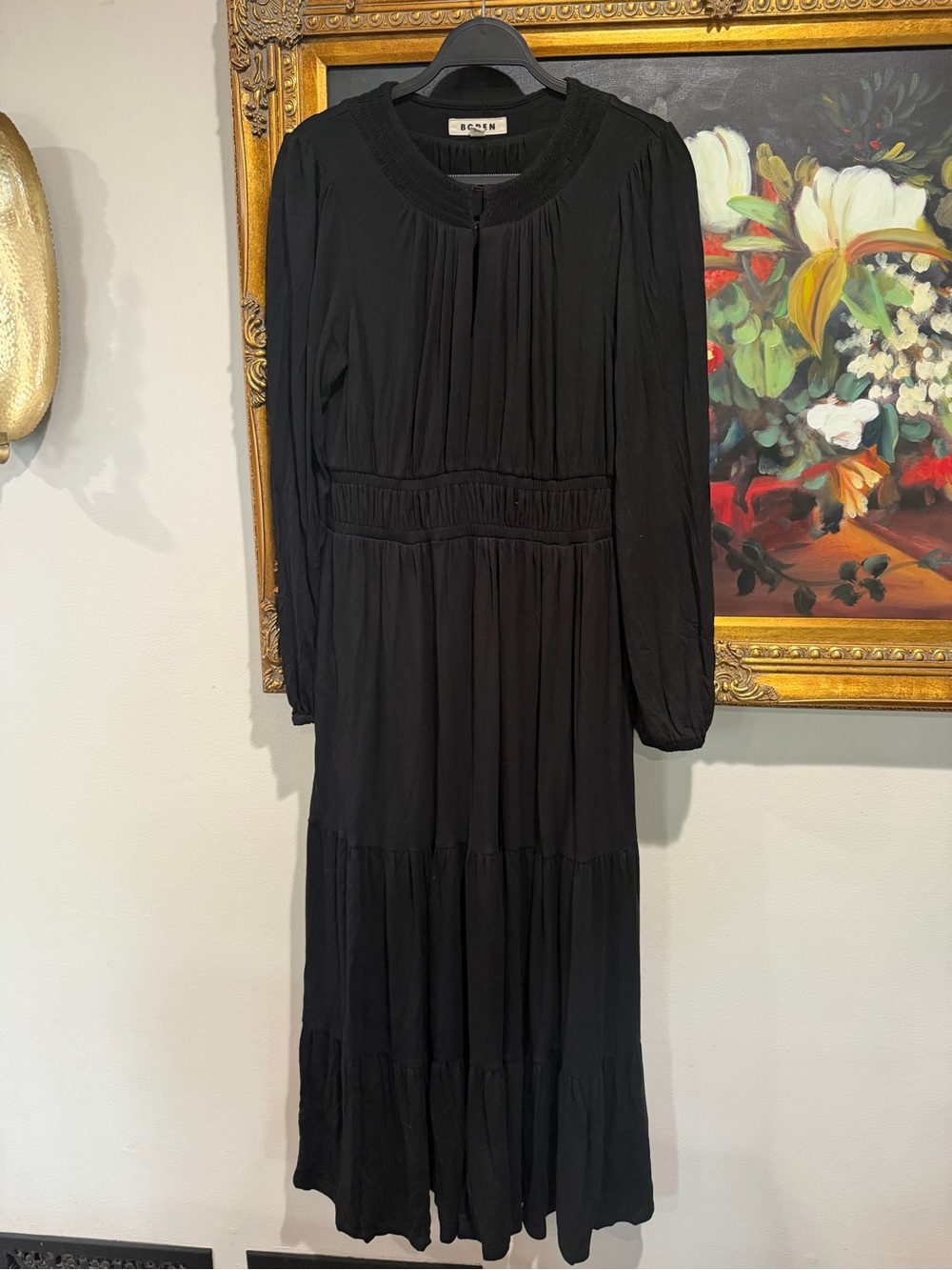 Boden Black Long-Sleeve Tiered Maxi Dress
